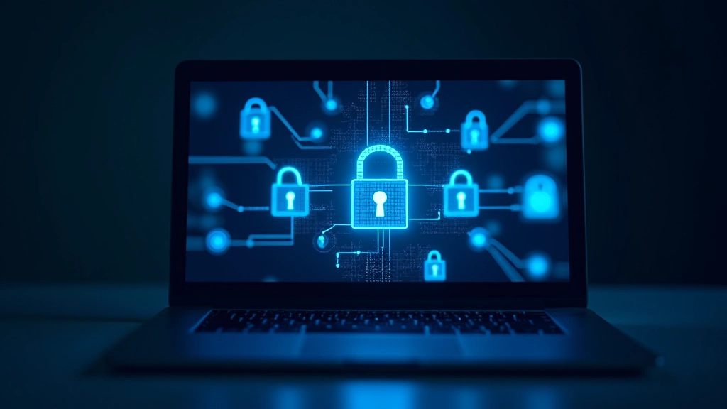 Dators ar drošības ikonām un slēdzeniem, neon krāsas, kibersecurity tēma, sharp focus
