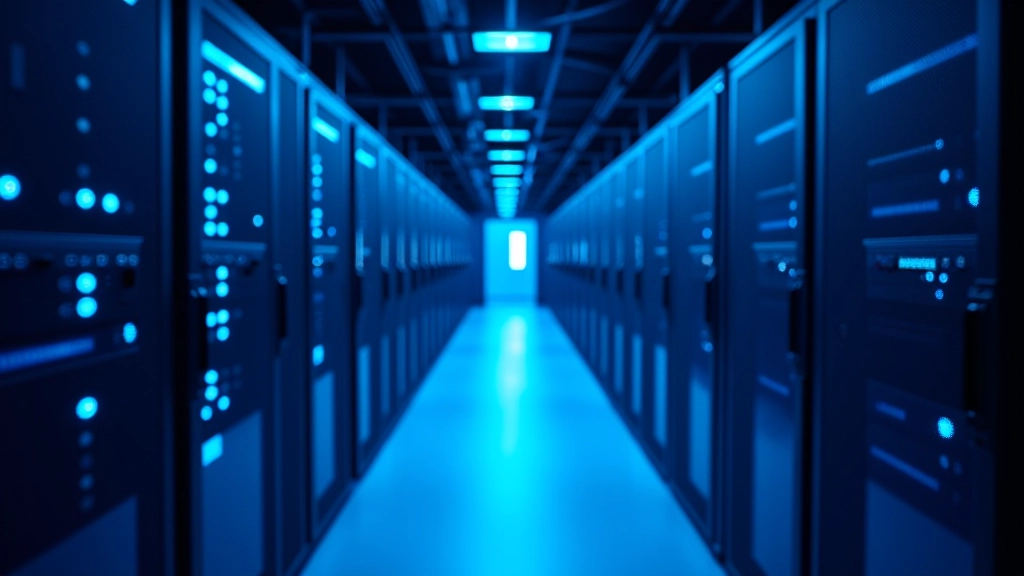 Serverī ar zilu gaismu un datoriem, mūsdienu datu centra vide ar tehniskajiem iekārtojumiem
