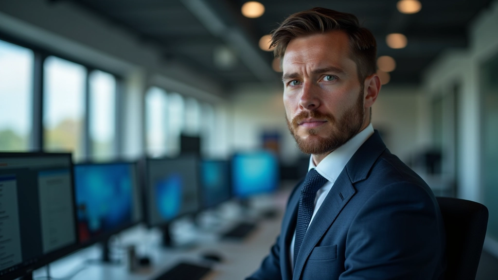 Fintech eksperts strādā ar datoru, analizējot drošības datus, mūsdienu birojs ar tehnoloģiju